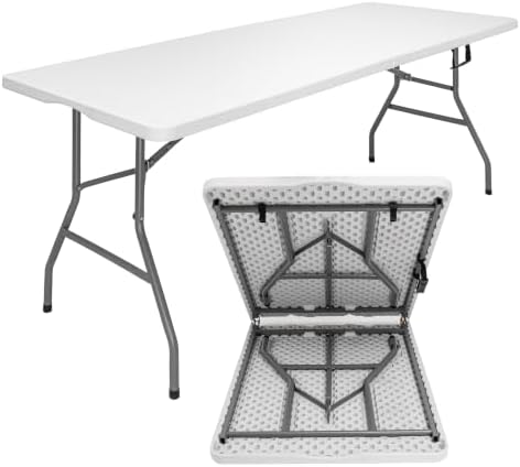 7FT Folding Table, Heavy Duty Fold-in-Half Portable Plastic White by CHRONELLE