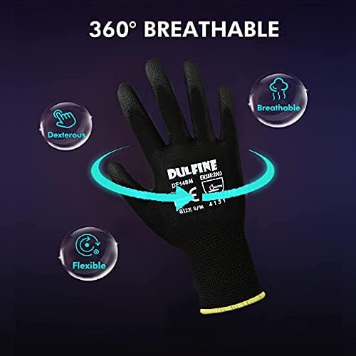 DULFINE Safety Work Gloves for Men 12 Pairs, Ultra-Thin PU Coated Black S - Image 3