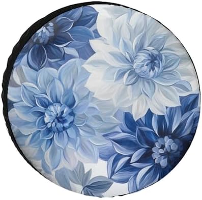 Camper Spare Tire Cover Blue and Grey Dahlia Flower Polyester Universal Spare by HighonHi