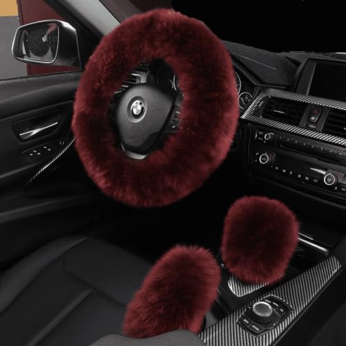 3Pcs/Set Fluffy Wool Car Steering Wheel Cover Set by AOGELAN