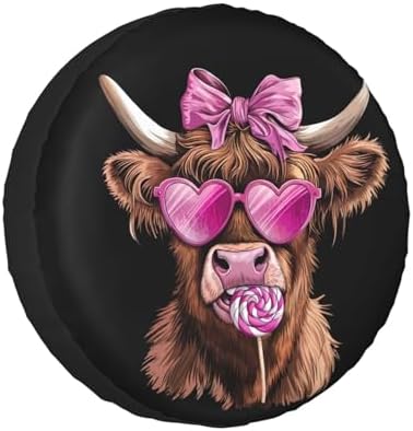 Highland Cow Pink Heart Glasses Lollipop Bow Spare Tire Cover by Unknown