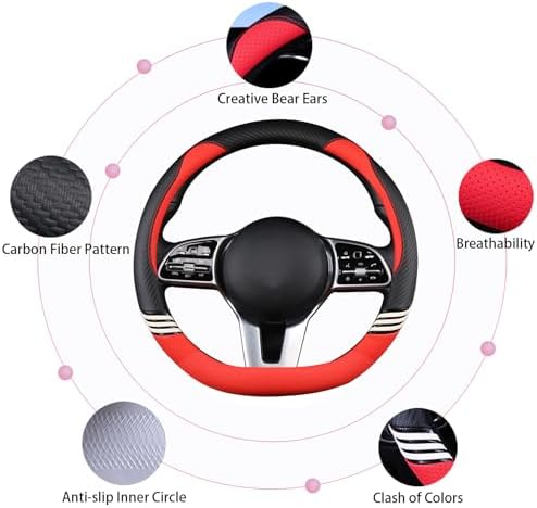 15 inch Cute Leather D Shape Steering Wheel Cover Black Red - Image 5