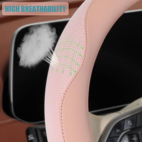 Nappa Leather Pink D Shaped Steering Wheel Cover Women 15 inch - Image 3