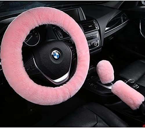3Pcs/Set Pure Wool Fur Furry Steering Wheel Soft Handbrake Cover Pink - Image 2
