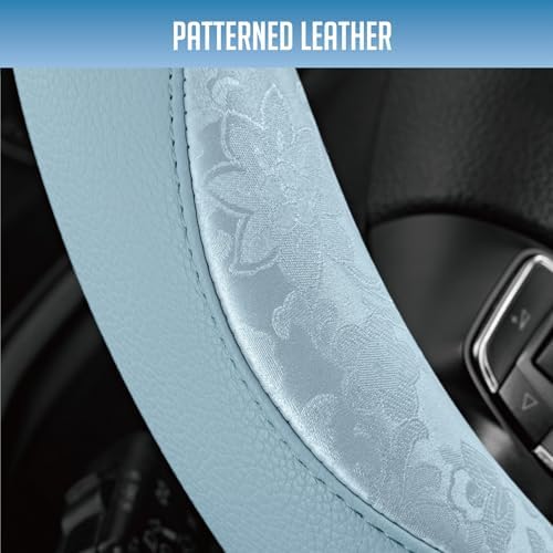 PIC AUTO Steering Wheel Cover, Light Blue Patterned Leather Patchwork Design - Image 3