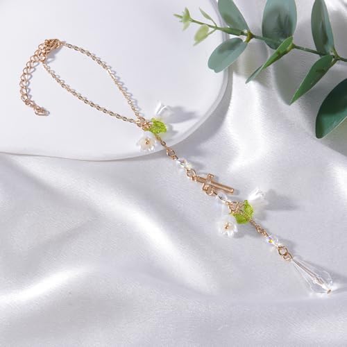 Cross Crystal Car Charm Lily Flower Beaded Mirror Hanging - Image 4