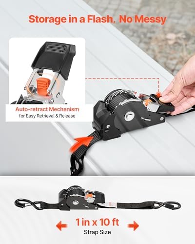 VEVOR Retractable Ratchet Straps, 1 in x 10 ft, Tie Down Straps - Image 3