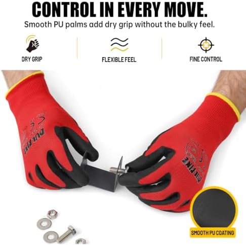 DULFINE Safety Work Gloves for Men 60 Pairs, Ultra-Thin PU Coated Red L - Image 3
