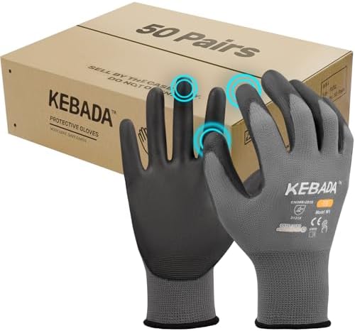Kebada W1 Safety Work Gloves for Men & Women, 50 Pairs Bulk Pack, PU Coated by KEBADA