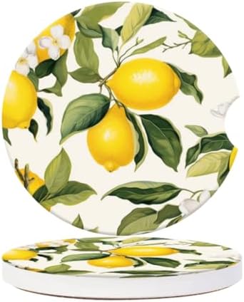 Cup Holder for Car, Lemons and White Flowers Ceramic Coasters Non-Slip Cup by PATBIXES