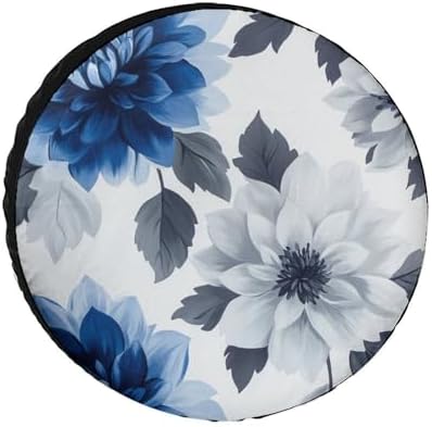 Camping Spare Tire Cover Blue and Grey Dahlia Flower Wheel Protectors Tire by HighonHi