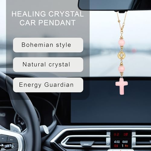 Rose Quartz Cross Rear View Mirror Hanging Ornament Gift Set - Image 3