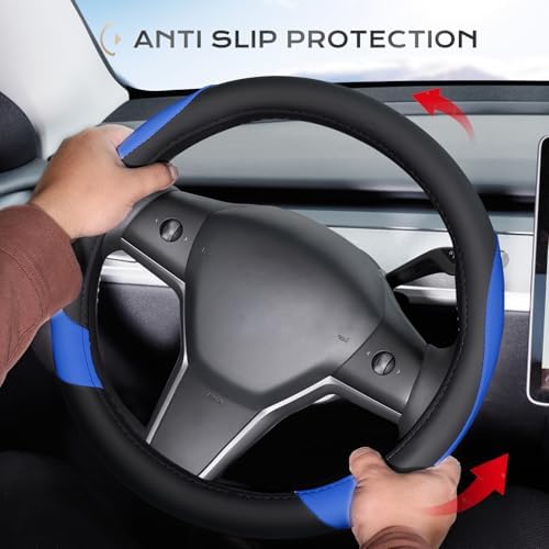 Coverado Car Steering Wheel Cover, Nappa Leather Black & Blue Steering Wheel - Image 3