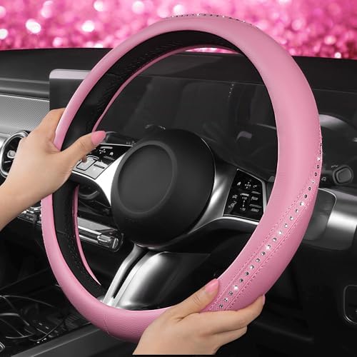 CAR PASS Bling Diamond Pink Leather Steering Wheel Cover, Studded Shining - Image 2