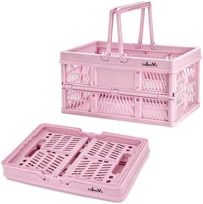 Pink Plastic Baskets with handles, 14.96"x9.84"x7.87" foldable shopping basket by ZHJINGYU