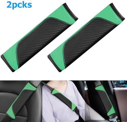 AUCELI 2PCS Carbon Fiber Leather Car Seat Belt Cover, Light Green - Image 3