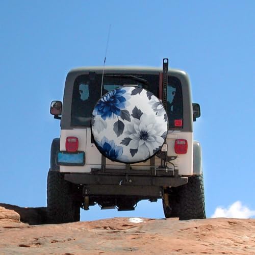 Blue and Grey Dahlia Flower Spare Tire Cover Spring Vintage Seasonal - Image 5