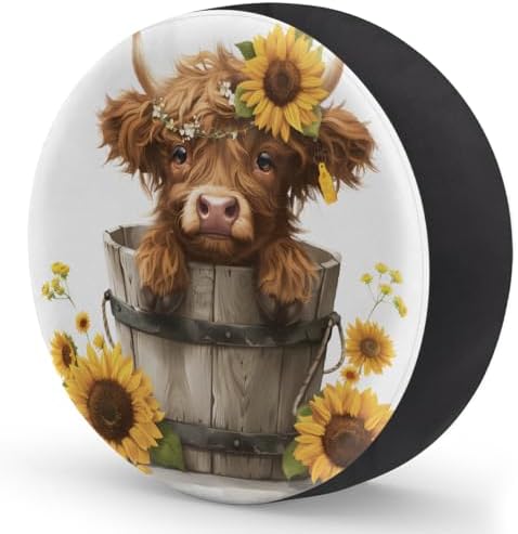 Spare Tire Cover for RV Trailer, Cute Highland Cow Sunflowers Waterproof Sun - Image 2