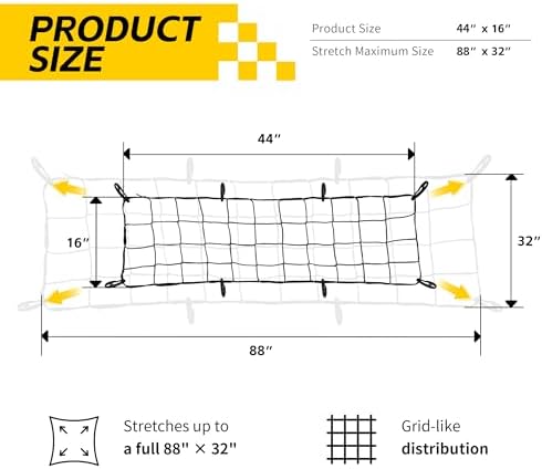 MaxxHaul Heavy-Duty Cargo Net – 44" x 16" Stretches to 88" x 32" – Tight 4" Mesh - Image 2