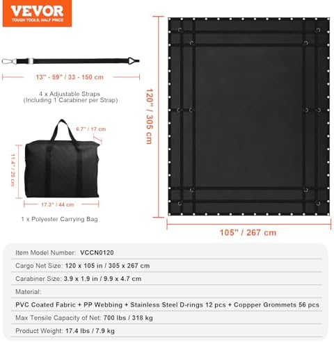 VEVOR Waterproof Cargo Net, 120 in x 105 in, Heavy Duty Truck Cargo Net- 700lbs - Image 7