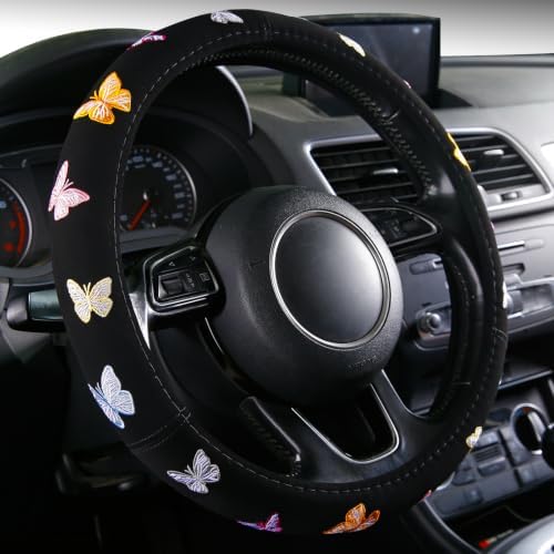 Embroidery Cute Steering Wheel Cover Stitched Butterfly Girly, Sweat Absorption by SOBONITO