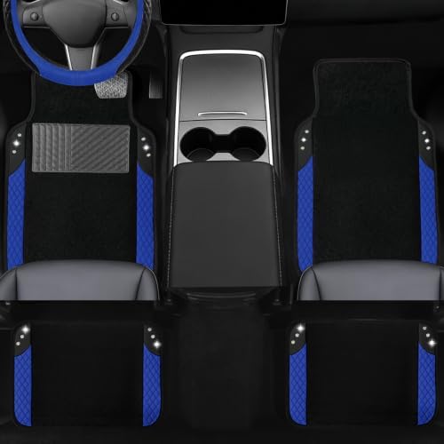 NBTEPEM 10 Pcs Bling Blue Car Floor Mats Set, Leather Blue Steering Wheel - Image 3