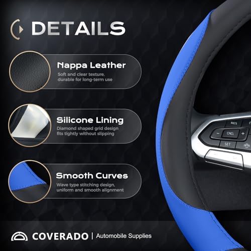 Coverado Car Steering Wheel Cover, Nappa Leather Black & Blue Steering Wheel - Image 2