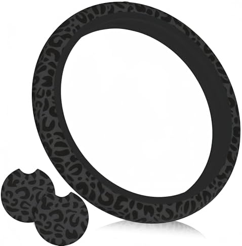 Black Leopard Print Steering Wheel Cover 15In + 2 Cheetah Car Coasters by Unknown