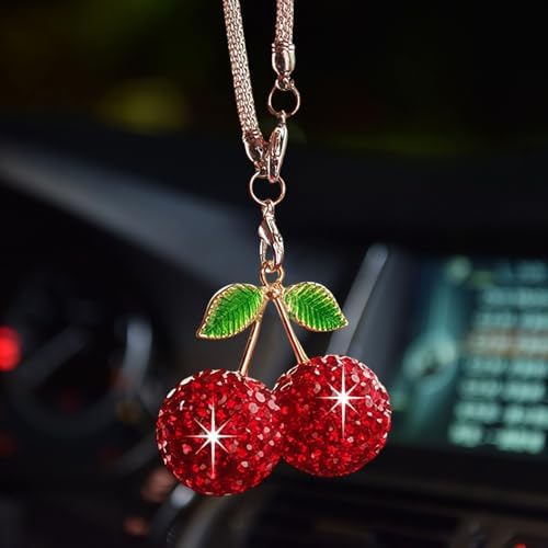 Bling Cherry Car Hanging Ornament, Cute Crystal Rear View Mirror Pendant - Image 2