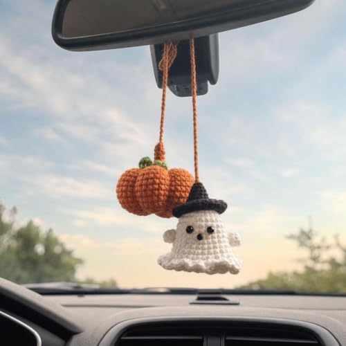 Halloween Crochet Pumpkin Ghost Car Mirror Pendant Charm - Image 3