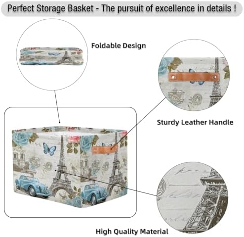 AUUXVA Storage Basket Vintage Paris Eiffel Tower Rose Flower Old Car Storage - Image 6