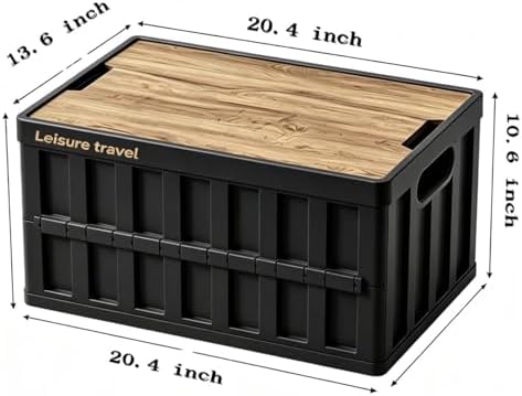 2 Pack 50L Black Storage Crate Wooden Lid Foldable Stackable Bin - Image 2