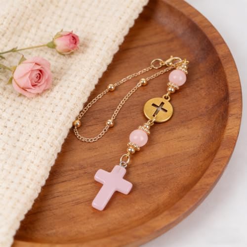 STEFORD Car Cross Crystal Hanging Charm, Cute Rose Quartz Pink Boho Blessing - Image 5