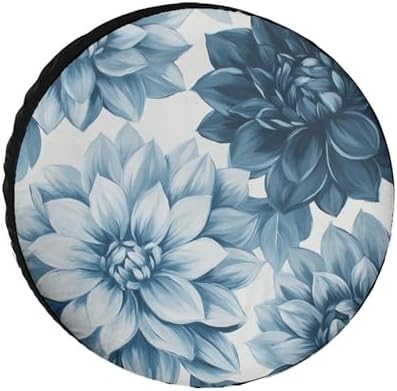 Camper Spare Tire Cover Blue and Grey Dahlia Flower Wheel Protectors by HighonHi