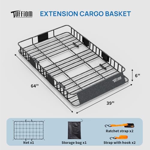 TUFFIOM 64"x 39"x 6" Extendable Rooftop Cargo Carrier Basket, Universal Steel - Image 3