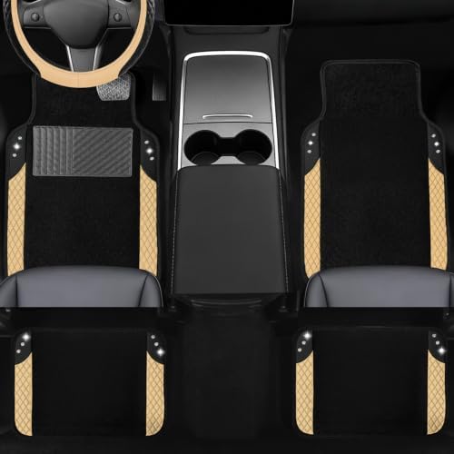 NBTEPEM 10 Pcs Bling Car Floor Mats Set, Leather Beige Steering Wheel Covers - Image 3