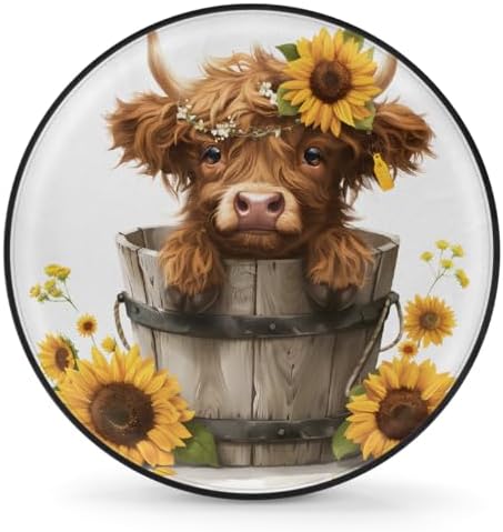 Spare Tire Cover for RV Trailer, Cute Highland Cow Sunflowers Waterproof Sun by cfpolar