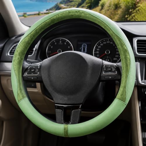 Green Patterned Leather Patchwork Steering Wheel Cover, 14.5-15 Inch Universal - Image 3