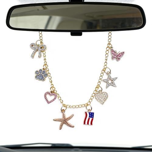 Car Rearview Mirror Charm Gold Hanging Cross Butterfly USA Flag Ornament by Unknown