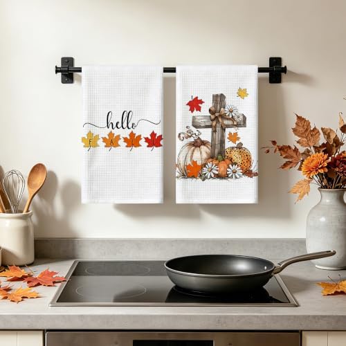 Fall Kitchen Towels Set of 2, Waffle Weave Hand Towels 16x26 Inch - Image 3