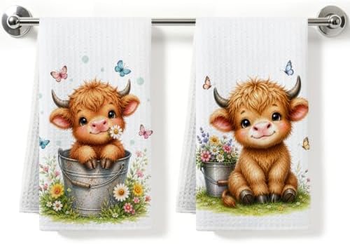 2 Pcs Cute Highland Cow Kitchen Towels, Cows Soft Absorbent Hand Towels 04 by ZHAMEN