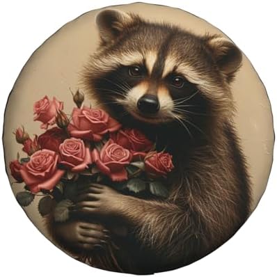 Funny Raccoon Spare Tire Cover Raccoon Holding A Boquet of Roses Wheel Protector by Unknown