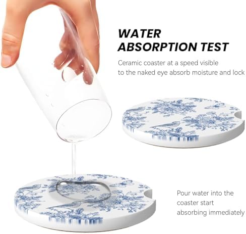 Vintage Blue Flower Car Cup Coaster 2 Pack Ceramic Absorbent Car Coasters 2.56 - Image 3