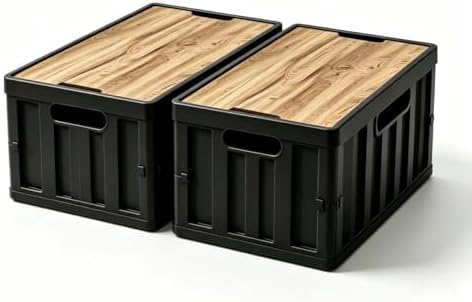 2 Pack 50L Black Storage Crate Wooden Lid Foldable Stackable Bin by Unknown