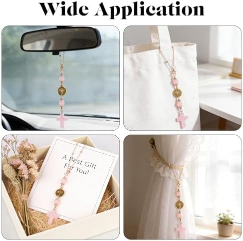 STEFORD Car Cross Crystal Hanging Charm, Cute Rose Quartz Pink Boho Blessing - Image 7