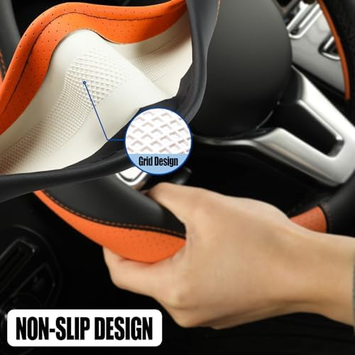 Black Orange Microfiber Leather D Shaped Steering Wheel Cover - Image 4