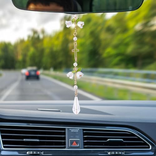 Cross Crystal Car Charm Lily Flower Beaded Mirror Hanging - Image 2