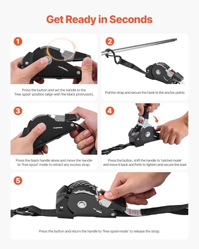 VEVOR Retractable Ratchet Straps, 1 in x 10 ft, Tie Down Straps - Image 6