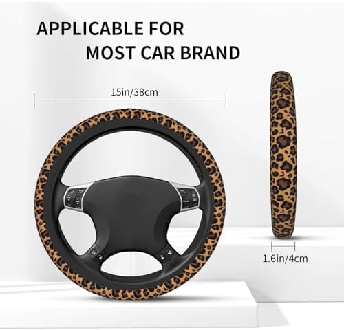 Cheetah Print Steering Wheel Cover 15In + 2 Leopard Car Coasters - Image 5