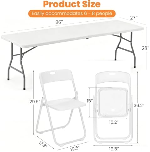 7-Piece White Plastic 8FT Folding Table Chairs Set - Image 3